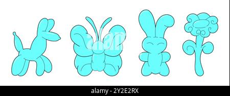 bubble stickers, including a dog, flower, butterfly, and bunny rabbit, all designed in a trendy retro Y2K style. Stock Vector