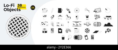 90s chillout black and white 2D line cartoon objects bundle Stock Vector