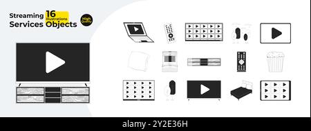 Streaming platform watching black and white 2D line cartoon objects bundle Stock Vector