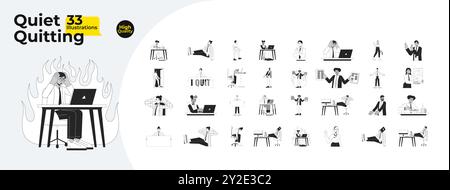 Quiet quitting trend at workplace black and white cartoon flat illustration bundle Stock Vector