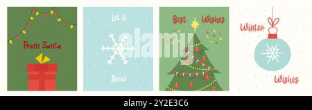 Happy holidays 2024 greeting cards collection. Cute flat Christmas cartoon postcards with warm wishes. Stock Vector