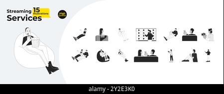 Millennials relaxing with streaming platform black and white cartoon flat illustration bundle Stock Vector
