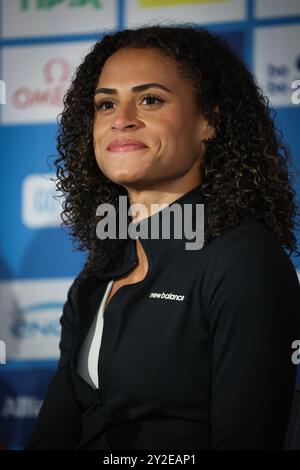 Brussels, Belgium. 10th Sep, 2024. Sydney McLaughlin-Levrone pictured during a press conference regarding the 2024 edition of the 'Memorial Van Damme' athletics meeting, Tuesday 10 September 2024 in Brussels. BELGA PHOTO VIRGINIE LEFOUR Credit: Belga News Agency/Alamy Live News Stock Photo