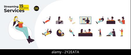 Millennials relaxing with streaming platform line cartoon flat illustration bundle Stock Vector