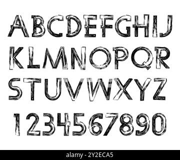 Handwritten calligraphic. Graphic vector alphabet. The black letters and numbers on a white background. Stock Vector
