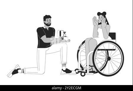 Black man proposing to hispanic woman with disability black and white 2D line cartoon characters Stock Vector