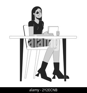 Arab woman with eye patch in office black and white 2D line cartoon character Stock Vector