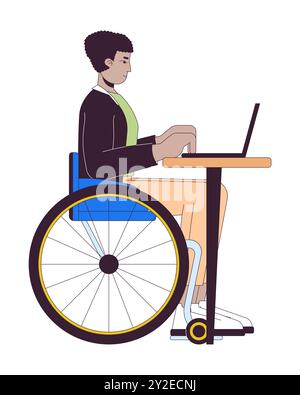 Disabled latin american man working on laptop 2D linear cartoon character Stock Vector