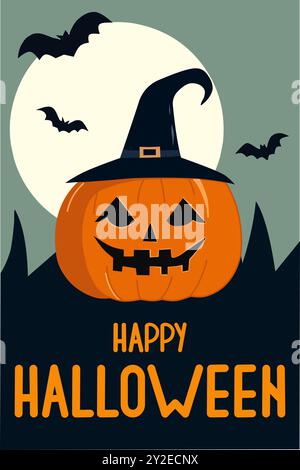 Fall Halloween card with pumpkin, moon and flying mice. Scary pumpkin in a hat and bats against the moon. Stash night. With text. Stock Vector