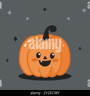 Orange vector illustration of a pumpkin with a tail and with a cute face and smile. Illustration for Halloween. Stock Vector