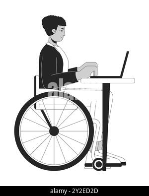Disabled latin american man working on laptop black and white 2D line cartoon character Stock Vector