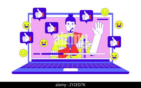 Popular video blogger 2D linear illustration concept Stock Vector