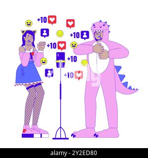 Friends viral dance on social media 2D linear illustration concept Stock Vector