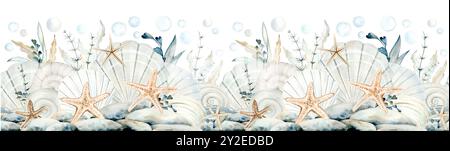 Seamless border of sea shells, pebbles and seaweed watercolor pattern ...