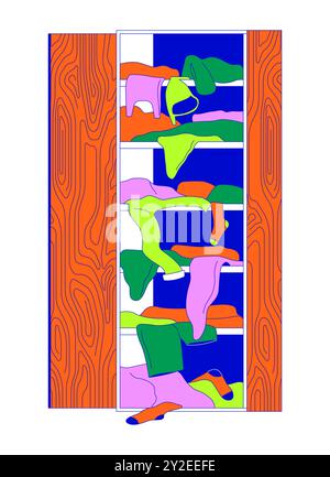 Wardrobe full of messy clothes 2D linear cartoon object Stock Vector