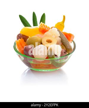Crunchy Assortment Of Mixed Vegetable Pickles In A Plate, Perfect For Fermentation And Healthy Eating. Isolated on White Background Stock Photo
