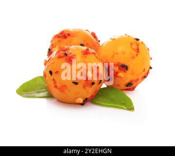Two Spicy Pickled Lemons Isolated on White Background Stock Photo