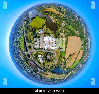 Luftbild, Kemnader Stausee mit Hafen Heveney und Fluss Ruhr, Zeltstadt des Zeltfestival Ruhr ZfR, Freizeitbad Heveney, Autobahn A43 und Anschlussstelle Witten-Heven, Erdkugel, Fisheye Aufnahme, Fischaugen Aufnahme, 360 Grad Aufnahme, tiny world, little planet, fisheye Bild, Querenburg, Bochum, Ruhrgebiet, Nordrhein-Westfalen, Deutschland ACHTUNGxMINDESTHONORARx60xEURO *** Aerial view, Kemnader reservoir with harbor Heveney and river Ruhr, tent city of the tent festival Ruhr ZfR, leisure pool Heveney, highway A43 and junction Witten Heven, globe, fisheye image, fisheye image, 360 degree image, Stock Photo