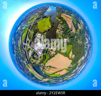 Luftbild, Kemnader Stausee mit Hafen Heveney und Fluss Ruhr, Zeltstadt des Zeltfestival Ruhr ZfR, Freizeitbad Heveney, Autobahn A43 und Anschlussstelle Witten-Heven, Erdkugel, Fisheye Aufnahme, Fischaugen Aufnahme, 360 Grad Aufnahme, tiny world, little planet, fisheye Bild, Querenburg, Bochum, Ruhrgebiet, Nordrhein-Westfalen, Deutschland ACHTUNGxMINDESTHONORARx60xEURO *** Aerial view, Kemnader reservoir with harbor Heveney and river Ruhr, tent city of the tent festival Ruhr ZfR, leisure pool Heveney, highway A43 and junction Witten Heven, globe, fisheye image, fisheye image, 360 degree image, Stock Photo