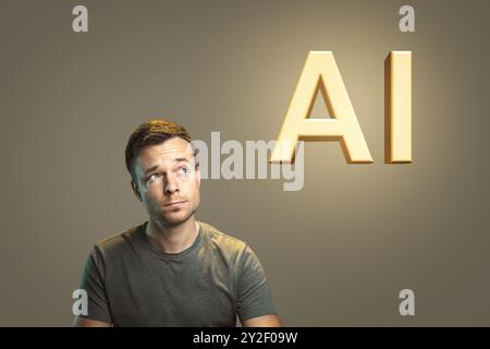 Thoughtful Portrait of a Man Reflecting on AI Technology with AI Lettering Overhead Stock Photo