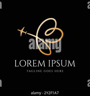 Luxury Golden Butterfly Insect Line with Plane for Travel Trip Tourism Icon Symbol Illustration Design Vector Stock Vector