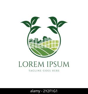 Green Landscape with Growing Plant Leaf Tree for Cultivate Agriculture Farm Garden Icon Symbol Logo Illustration Design Vector Stock Vector