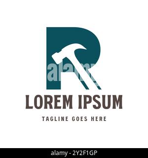 Simple Initial Letter R with Hammer for Repair Service Icon Illustration Logo Design Vector Stock Vector