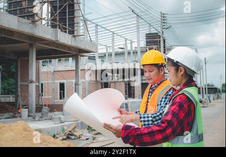 Team engineers checking blueprint and planning project working outdoors building side on a worksite, Engineering and architecture concept, Engineers h Stock Photo