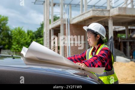 Engineers checking blueprint and planning project working outdoors building side on a worksite, Engineering and architecture concept, Engineer working Stock Photo