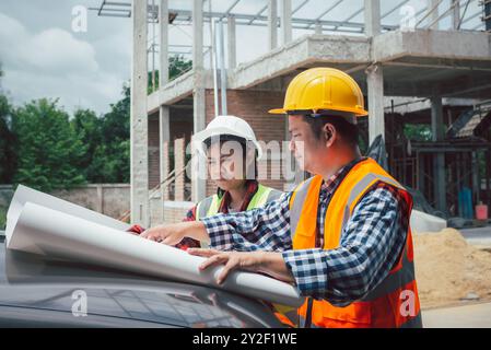 Team engineers checking blueprint and planning project working outdoors building side on a worksite, Engineering and architecture concept, Engineers h Stock Photo