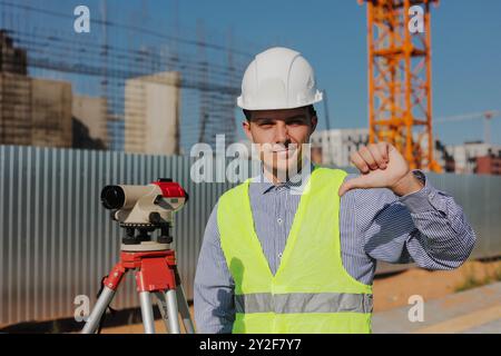 Unhappy engineer surveyor with survey camera showing thumbs down Stock Photo