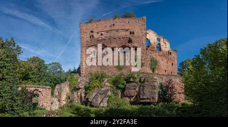 Ottrott Castles, France - 09 07 2024: View of the Rathsamhausen Castle, forest and hills Stock Photo