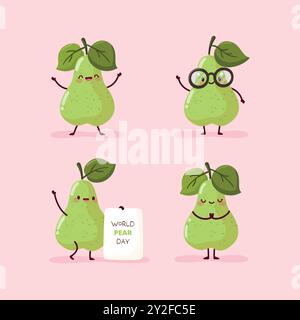 World pear day. Set of funny green pears. Vector illustration Stock Vector