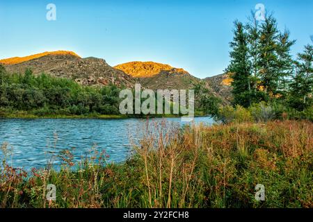 Morning landscape in the floodplain of the Kurchum River Stock Photo