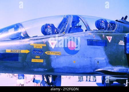 Old 1980's 35mm negative film scan. RAF Sepecat Jaguar T2 on static display at RAF Akrotiri Open Day, 1984. Stock Photo