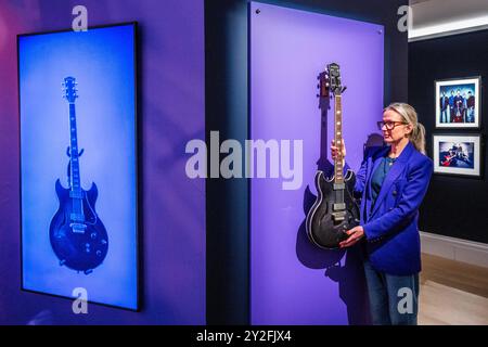 London, UK. 10th Sep, 2024. A Stage-Played Prince branded Vox HDC-77 Electric Guitar, used extensively throughout the 3RDEYEGIRL Era, 2013-15, est £200,000-300,000 - A preview of the inaugural Popular Culture auction at Sotheby's New Bond Street. Following the success of the Freddie Mercury auction series last year. Items from the worlds of music and film will sell in a dedicated online sale closing on 12 September. A dedicated exhibition will run until them in the New Bond Street galleries. Credit: Guy Bell/Alamy Live News Stock Photo