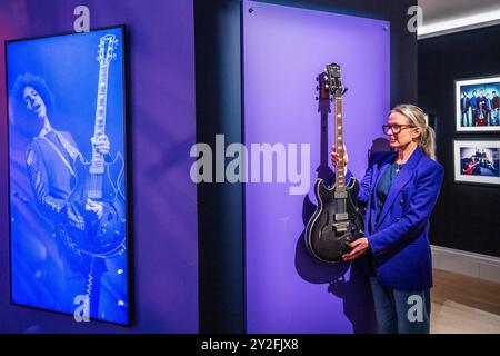 London, UK. 10th Sep, 2024. A Stage-Played Prince branded Vox HDC-77 Electric Guitar, used extensively throughout the 3RDEYEGIRL Era, 2013-15, est £200,000-300,000 - A preview of the inaugural Popular Culture auction at Sotheby's New Bond Street. Following the success of the Freddie Mercury auction series last year. Items from the worlds of music and film will sell in a dedicated online sale closing on 12 September. A dedicated exhibition will run until them in the New Bond Street galleries. Credit: Guy Bell/Alamy Live News Stock Photo