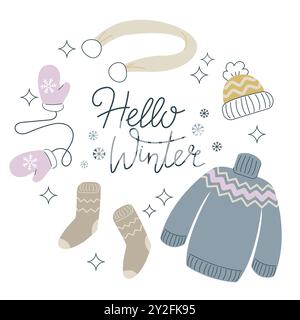 Hello winter poster template. Lettering with warm clothes frame for sale banner, motivational quote, cozy winter, knitting hobby theme card, flyer, we Stock Vector
