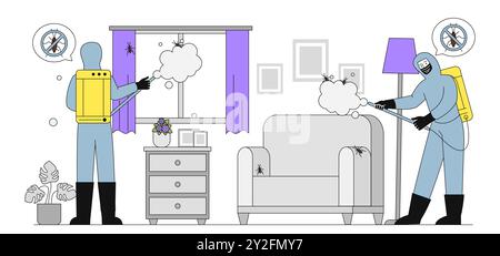 Disinfection of insects. Men in uniform apply spray in apartment. Pesticide, insecticide and repellent. Workers with chemical reagents. Linear vector Stock Vector