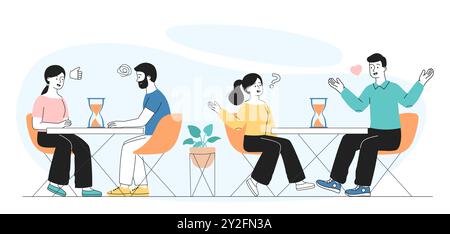 Blind dates people. Men and women sit at tables with hourglass and chat. Love and romance, speed dating. Romantic communication. Linear vector Stock Vector