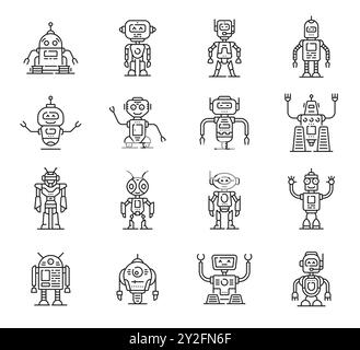 Robot line and outline icons. Cute bot toys characters of future AI technology and science. Vector robot monsters, retro droid and cyborg personages. Artificial intelligence machines with happy faces Stock Vector