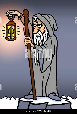 Hermit (IX); ninth trump or Major Arcana card in traditional tarot decks. This Rider–Waite style artwork shows an old man holding the Lamp of Truth. Stock Photo