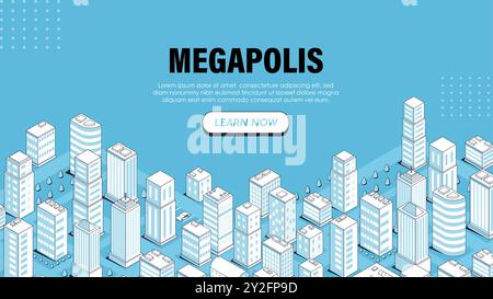 Isometric megapolis banner. Modern city with skyscrapers. Urban infrastructure and architecture. Volumetric town. Template and layout. Landing page Stock Vector