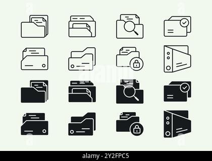 Flat line stroke and field variation minimalist folder and file container icon set Stock Vector