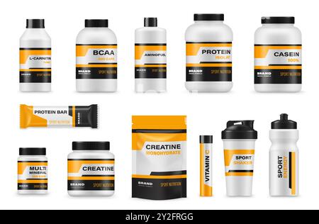 Protein sport nutrition supplement package mockups. Pill bottles, protein tub, gainer whey powder and shaker bottles. Realistic 3d vector packaging and containers feature white and orange color scheme Stock Vector