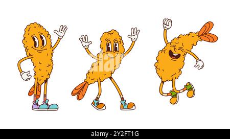 Cartoon retro groovy shrimp ebi tempura characters of Japanese cuisine food, vector comic. Groovy funky happy fried shrimps with smile face or silly laugh for Asian and Japanese food cartoon character Stock Vector