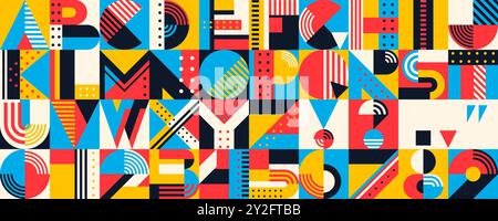 Abstract modern geometric font, color letters and numbers typeface of english alphabet. Vector typography abc characters and symbols type set with rainbow color geometric shapes, lines and dots Stock Vector