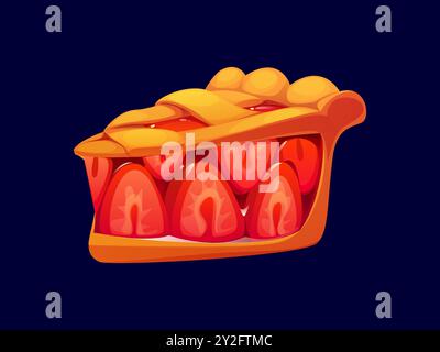 Cartoon slice of strawberry pie, confectionery and sweets pastry features a flaky, golden lattice crust filled with fresh, juicy strawberries mixed with a sweet glaze. Vector refreshing summer dessert Stock Vector