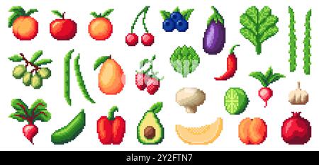 8bit pixel art vegetables and fruits, game asset. Apple, cherries, eggplants, spinach and blueberries, asparagus, grapes or green beans. Mango, strawberries, artichoke and red chili or bell peppers Stock Vector