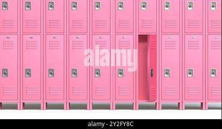 Row of pink opened empty school lockers standing on white background 3d Stock Photo